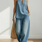Ιβυ | Vintage Washed Soft Denim-Look Δίδυμο Σετ